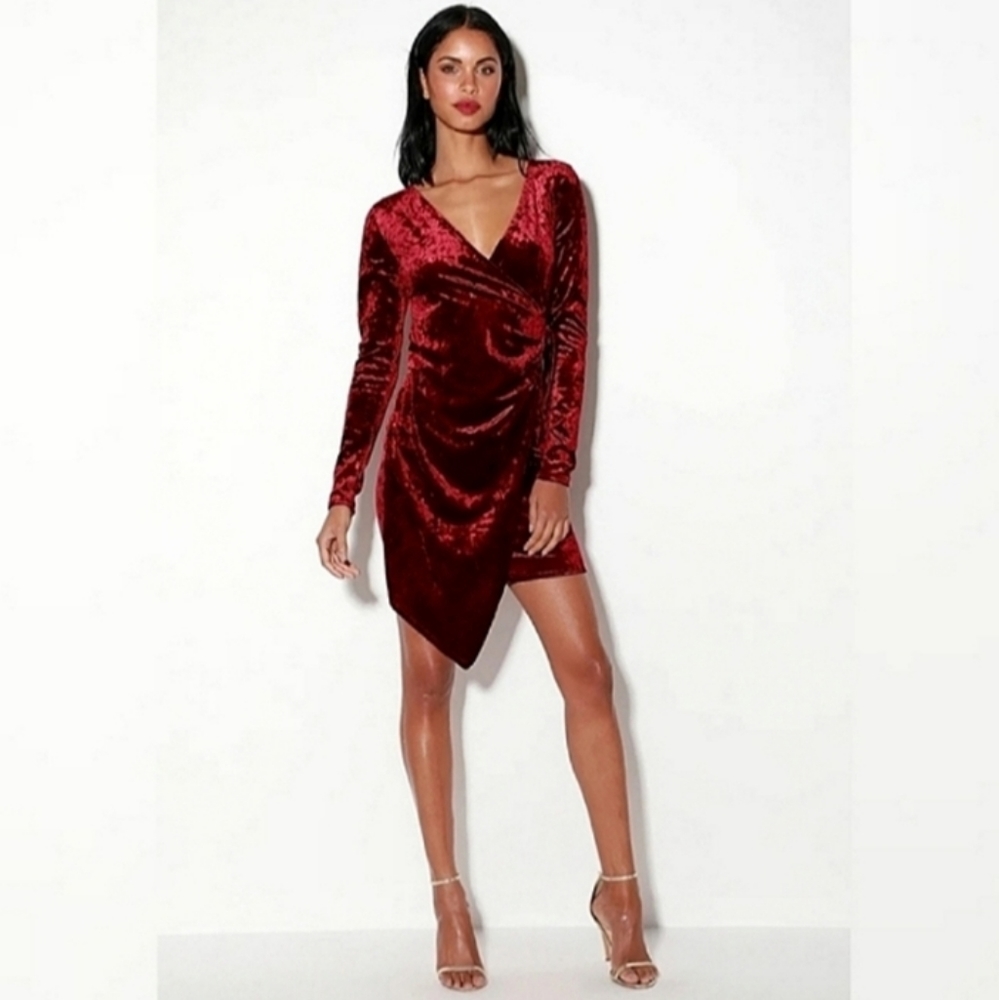 LULUS Galiana Faux Wrap Velvet Asymmetrical Hem Long Sleeve Mini Dress Size XS - Picture 8 of 9